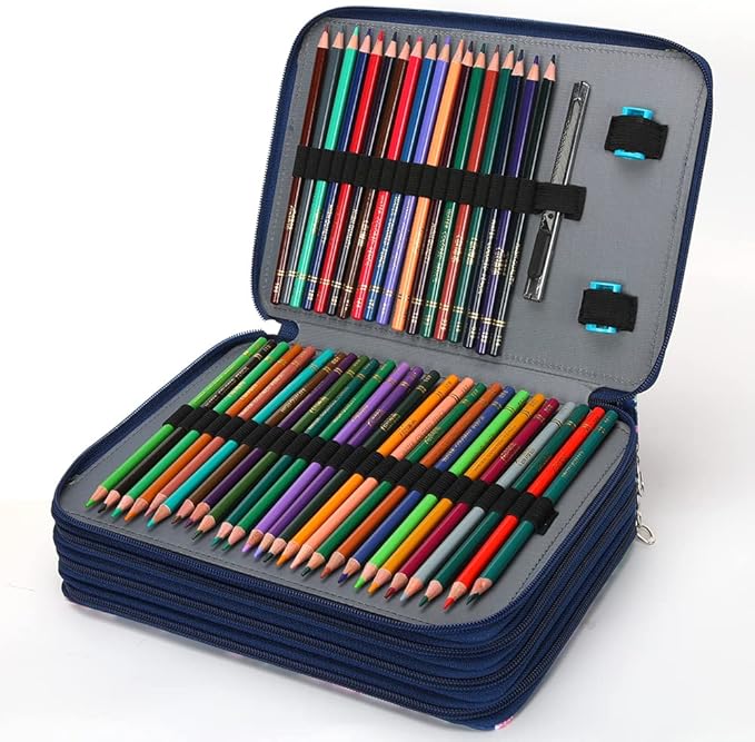 Vomgomfom 200 Slots Pencil Bag, 4-Layer Zipper Portable Art Supply Organizer, PU Leather Large Capacity Colored Pencil Case with Handle for 200 Watercolor Pens, Gel Pens (Blue Rose)