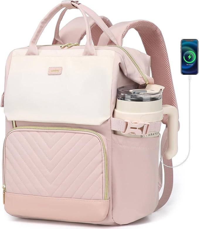Large Bookbag for Women Laptop Backpack, Teacher Nurse Work Computer Bags with Cup Holder & USB Charger for Travel, School Bag College Back Pack for Girls, Beige Pink