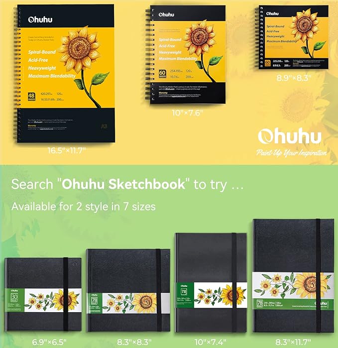 Ohuhu Sketchbook Marker Paper Pad: 8.3"x8.3" Square Art Sketch Book Drawing Papers 78 Sheets/156 Pages 120 lb/200 gsm Hardcover Sketching Books for Alcohol Markers Heavyweight Sketchpad Christmas Gift