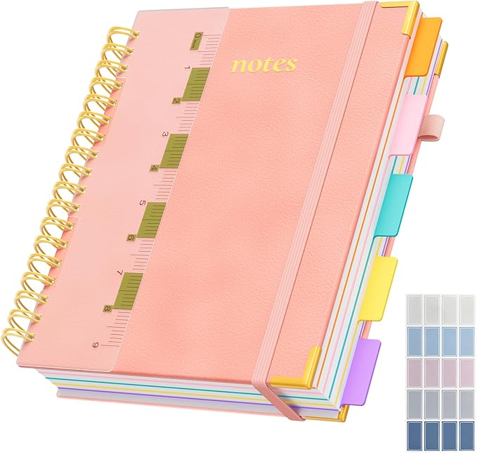 B5 Hardcover Spiral Notebook, 8"x10" College Ruled Notebooks with Removable Dividers Tabs & Ruler, 5 Subject Notebook 300 Pages, Large Lined Journal for Women Men School Work Office, Pink