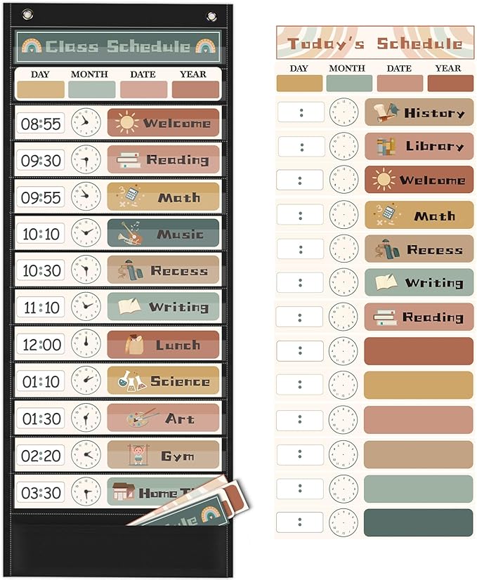 Daily Schedule Pocket Chart for Kids Management, 13+1 Pockets with 30 Cards Black Visual Time Reusable Dry-Eraser Schedule, Teacher Supplies for Boho Classroom Homeschool Decor