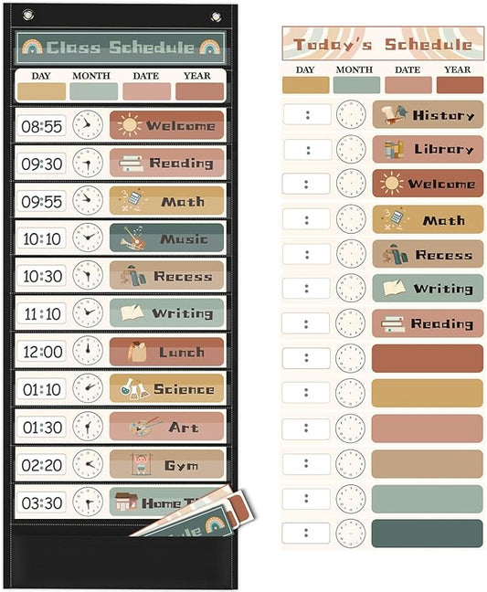 Daily Schedule Pocket Chart for Kids Management, 13+1 Pockets with 30 Cards Black Visual Time Reusable Dry-Eraser Schedule, Teacher Supplies for Boho Classroom Homeschool Decor