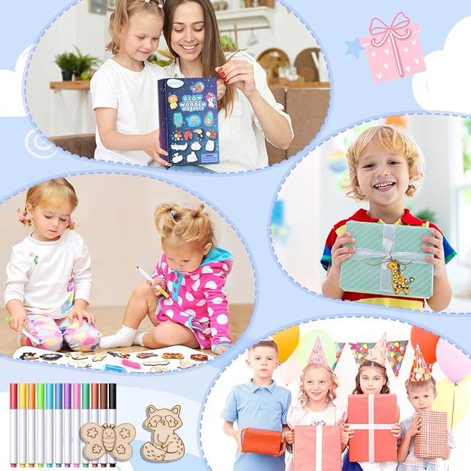EAPHANT Kids Crafts, 30 PCS Kids Activities Arts and Crafts Painting Kits, Glow in The Dark Wooden Magnets to Paint