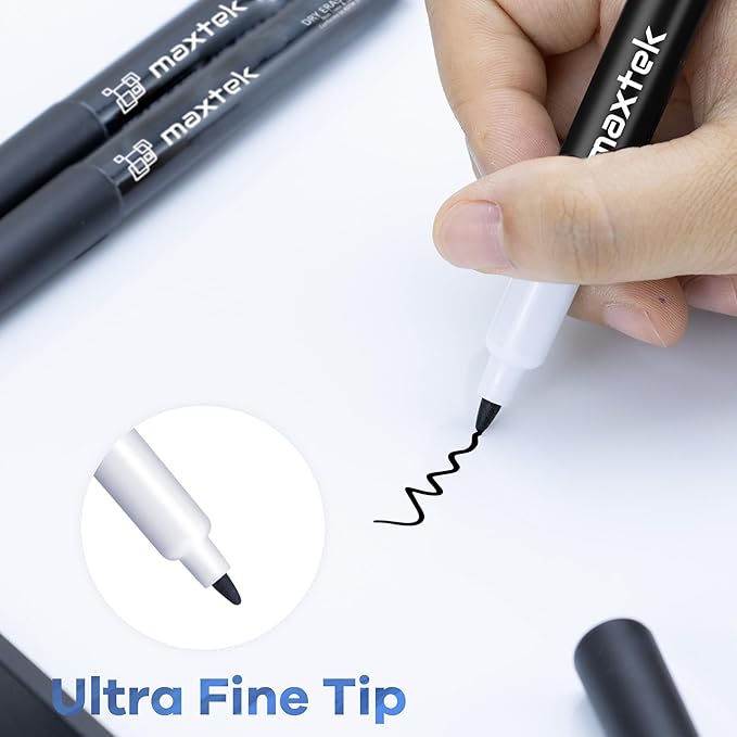 maxtek Black Dry Erase Markers Ultra Fine Tip, 0.7mm, Low Odor, Extra Fine Point Dry Erase Markers for Planning Whiteboard, Calendar Boards, Whiteboard Markers for School Supplies (12 Count)