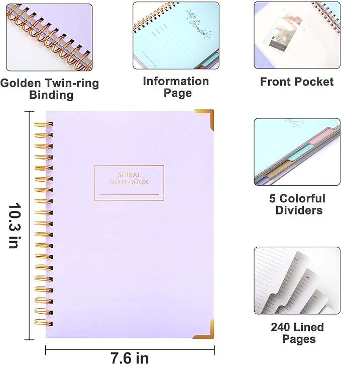 Yoment 2 Pack 5 Subject Notebook College Ruled, Hardcover Spiral Notebooks for Work School, B5 Multi Subject Notebook with Tabs Dividers, 240 Pages Lined Journal for Women Men, Pink&Purple