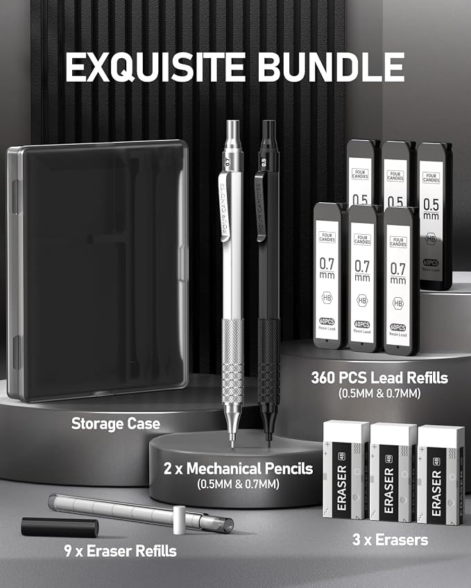 2PCS Metal Mechanical Pencil Set, 0.5mm+0.7mm, Storage Case, Black＆Silver | 360 Lead Refills, 3 Erasers, 9 Eraser Refills, Smooth Writing, Anti Grip, for Sketching, Technical Drawing, Art Projects
