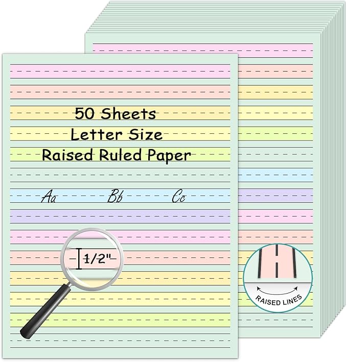 50 Sheets Handwriting Paper 8.5”x11” Double Side Colored Primary Writing Paper for Kids with ADHD 0.5” Tactile Writing Lines Spacing Multi-Sensory Ruled Handwriting Tablet Dysgraphia Pad for Children