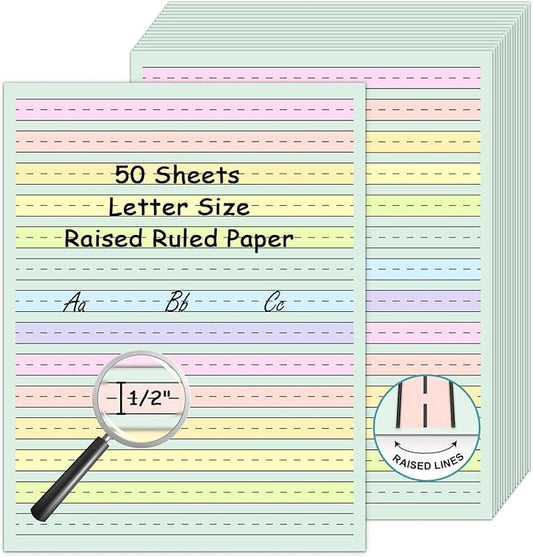 50 Sheets Handwriting Paper 8.5”x11” Double Side Colored Primary Writing Paper for Kids with ADHD 0.5” Tactile Writing Lines Spacing Multi-Sensory Ruled Handwriting Tablet Dysgraphia Pad for Children