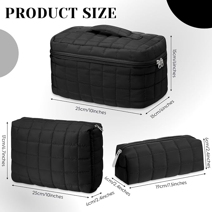 Huhumy 3 Pcs Large Puffy Makeup Bag Set Quilted Cosmetic Pouch for Women Cute Checkered Travel Toiletry Bag Puffer Makeup Organizer Purse Pouch Preppy Pencil Case with Zipper Valentine Gift(Black)