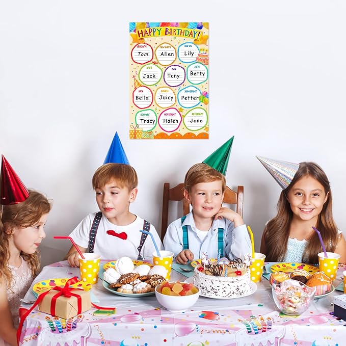 FaCraft Birthday Chart for Classroom - Happy Birthday Poster Reusable Birthday Calendar Laminated Classroom Birthday Chart Classroom Bulletin Board Decorations Back to School Supplies