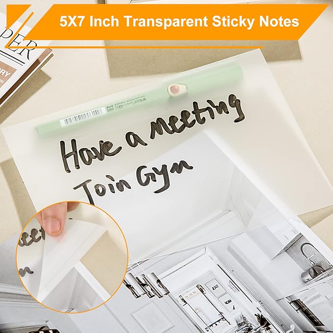 5x7 Inch Transparent Sticky Notes, 2 Pads Large Translucent Self-Adhesive Clear See Through Post Supersize Sticky Notes for Office Woman School Classroom Teacher College Supplies White Color
