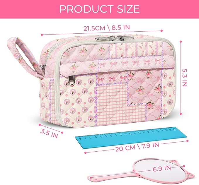 WOBAGMEN Quilted Pencil Pouch for Girls Women, Large Pencil Case Pouch with Compartments Cute Aesthetic Pencil Case Organizer, Floral Pencil Bag for School Supplies (pink pin)