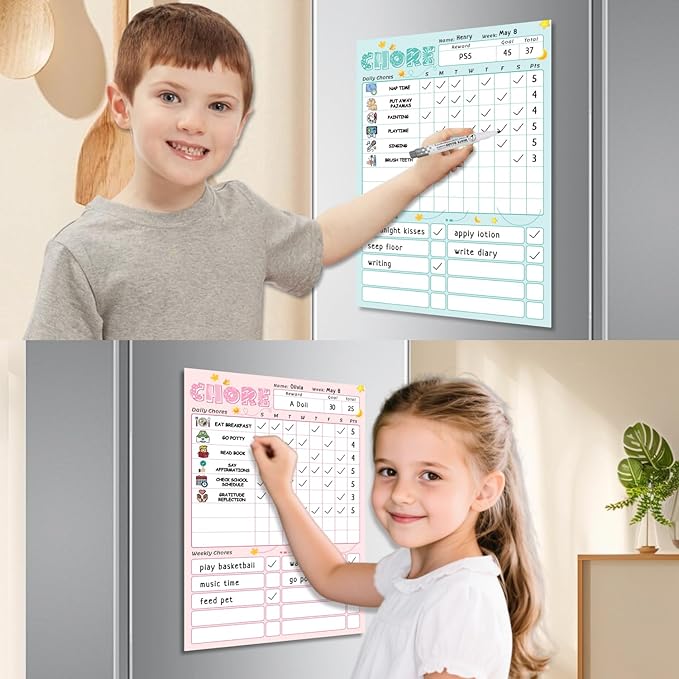 Magnetic Kids Chore Chart for 2 Kids Blue & Pink, Dry Erase Routine Chart for Kid Toddlers Teens Adult with Marker & Chore Stickers, Behavior Responsibility Chart for Kid at Home
