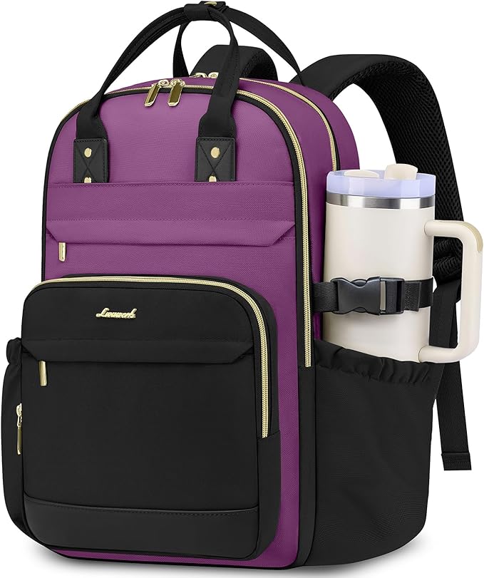 Women Laptop Backpack College Bookbag: 15.6 inch Backpacks with Pouch Pocket for Large Capacity Cup Travel Waterproof Book Bag Anti-theft Casual Work Bookbags for Teacher Nurse Black Purple