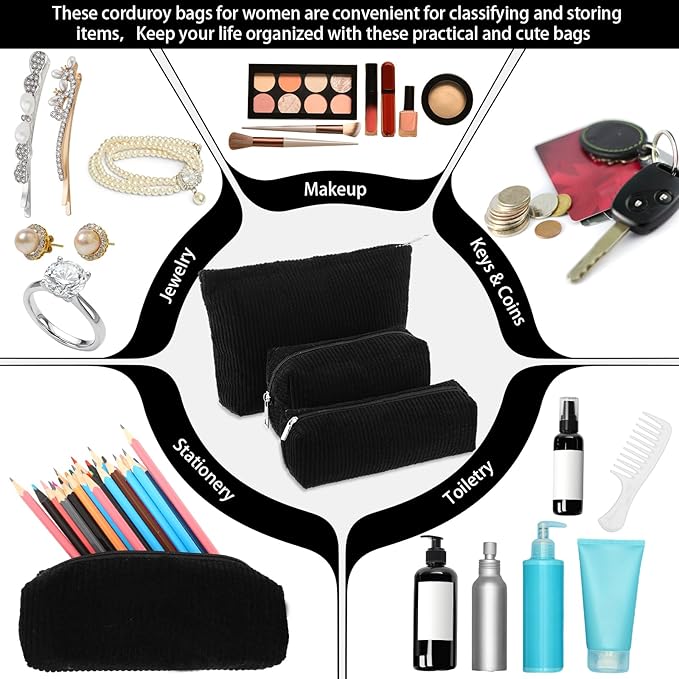 Huhumy 3 Pcs Makeup Bag Set for Women Corduroy Cosmetic Pouch Aesthetic Smile Travel Toiletry Bag Cute Purse Pouch Pencil Case Makeup Brushes Storage Organizer with Zipper(Black,Solid Style)