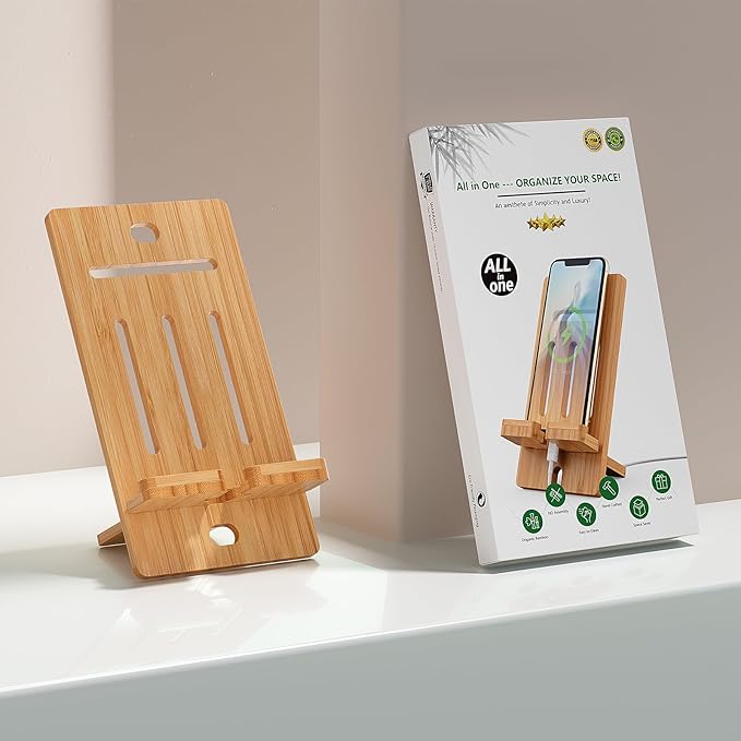 Pezin & Hulin Wooden Bamboo Cell Phone Stand, Wood Charging Dock Holder, Portable Desktop Phone Rack, Compatible with Mobile Phone and Tablet -Slim Version