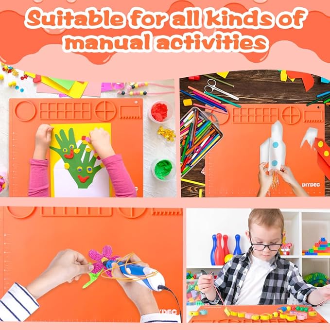 DIYDEC Silicone Craft Mat for Kids 20X16 Inch Large Painting Mat with Detachable Cup &10 Painting Brushes Silicone Art Mat for Boy Girl DIY Gift Accessories (Orange)