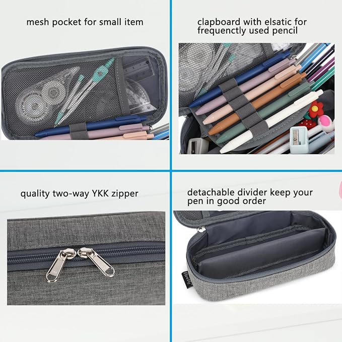 FlowFly Large Capacity Pencil Case for Kids, Boys & Girls – Zippered Multi-Functional Pen Pouch, Soft & Portable Pencil Bag for School, Teens, Students, Grey