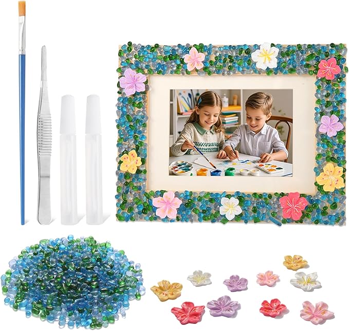 DIY Mosaic Picture Frame Craft Kit for Kids - Creative Arts & Crafts Glass Pebbles Activity for Girls & Boys, Decorate Your Own Photo Frame, Perfect Birthday & Christmas Gift for Kids Ages 6-12