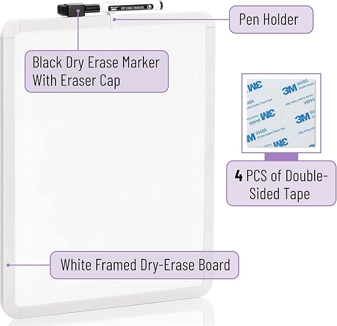 Mr. Pen- Dry Erase Board, 14” x 11” with a Black Dry Erase Marker, White Frame, Small Mini White Board for Students, Fridge, Wall, Locker, Includes Double Sided Tapes