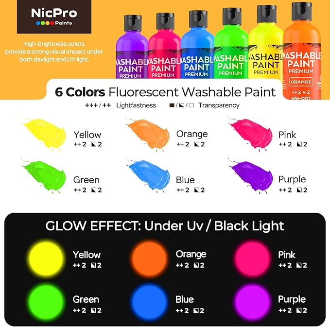 Nicpro 6 Colors Fluorescent Washable Paint Set for Kid (4 oz, 120ml), Glow in the Black Light, Non Toxic Neon Tempera Paints for Art, Craft DIY, Poster & Finger Paint, School, Home, Classroom, Party