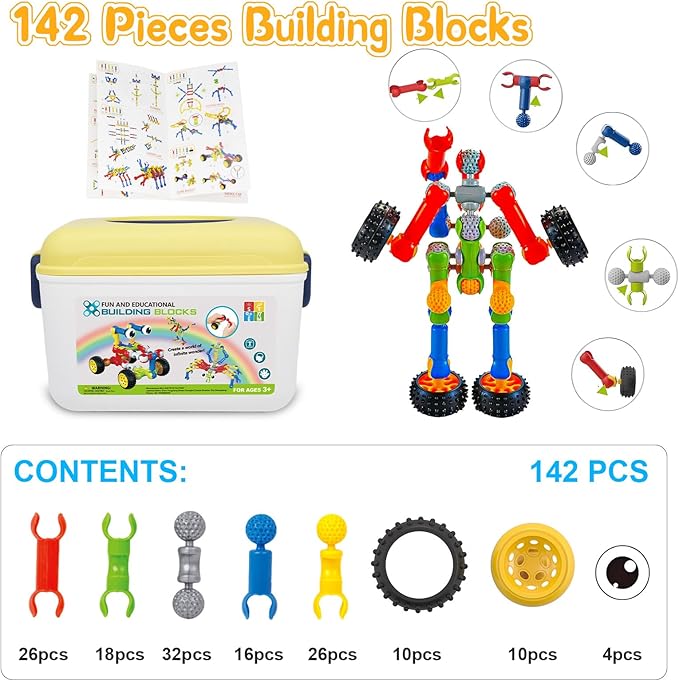 Caferria Building Blocks STEM Toys for 3 4 5 6 7 8+ Year Old Boy Girl Birthday Gift, 142 Pcs Building Toys for Preschool Classroom Educational Toy Building Sets Creative Activities for Kids