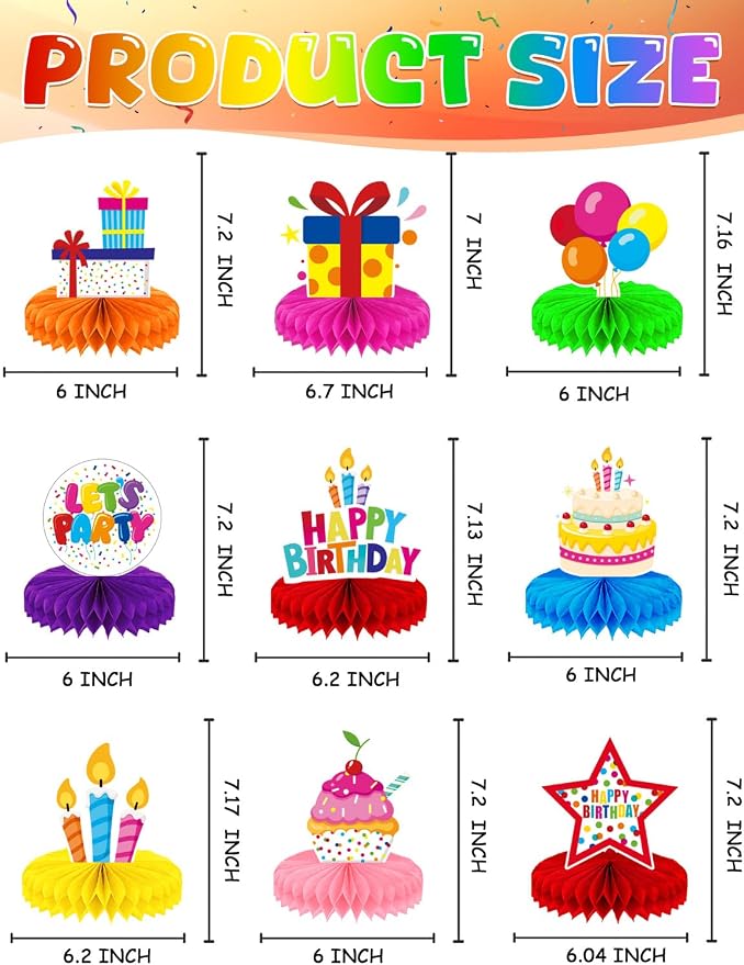 Birthday Table Decorations - 9 Pcs Colorful Happy Birthday Centerpieces for Tables Rainbow Honeycomb Centerpieces Table Toppers for Girls Boys Men Women Birth Date Party Supplies, Photo Booth Props