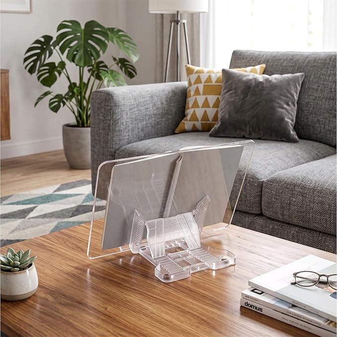 Adjustable Acrylic Book Stand for Reading, 13.3 x 9.4 Inch Multi-Angle Book Display Stand Transparent Foldable Books Holder with Page Clip for Books, Magazines, Cookbook, Document, Recipe