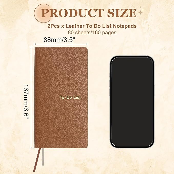 PATIKIL 2 Pcs Leather to Do List Notepads, 160 Pages 6.5 x 3.2" Leather Daily Planners to Do List Notebook for Business Personal Daily Plans Schedule Planner Office Supplies, Brown
