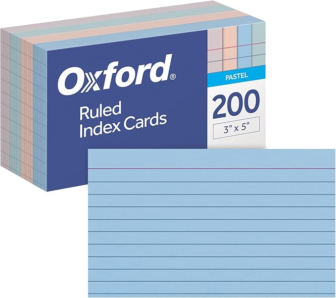 Oxford Ruled Index Cards, Lined Note Cards, Flashcards for School, 4 Assorted Pastel Colors: Gray, Peach, Light Blue and Light Green, 3 Inch x 5 Inch, 200 Cards Per Pack (1017486)