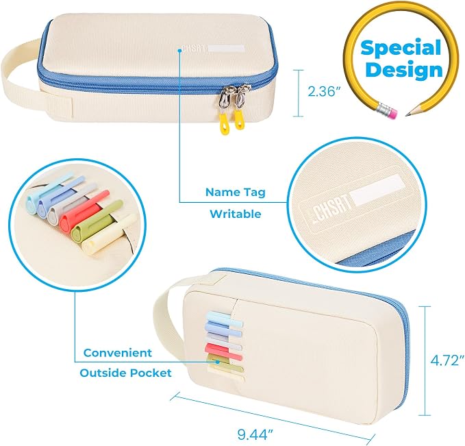 ECHSRT Large Capacity Pencil Case with Hidden Pocket, 1200D Oxford Fabric Zipper Pencil Pouch with Handle, Multi-Pocket Stationery Organizer for Office, College, Travel and Daily Carry, Beige