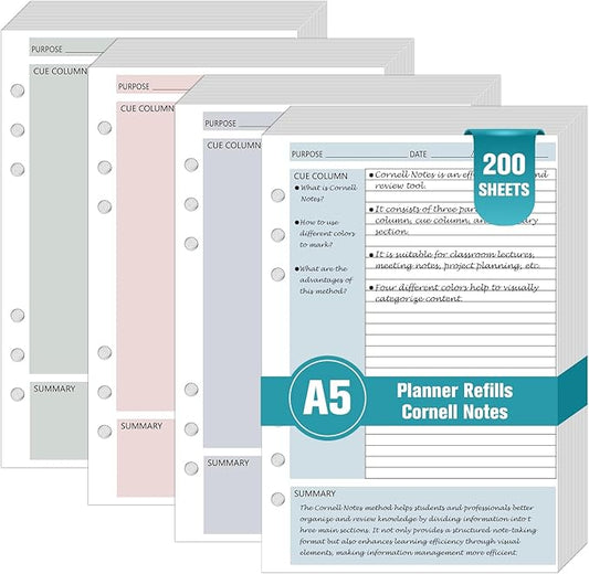 200 Sheet Cornell Notes Refill Paper A5 Planner Inserts for 6 Ring Binder 0.2" Spacing A5 Loose Leaf Cornell Notebook Refills Taking System Filler Paper Bulk for School Office Business 80gsm