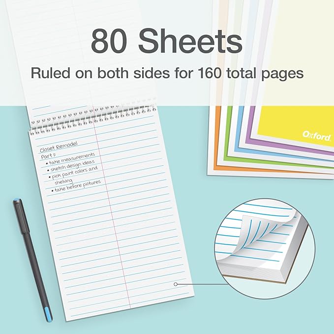 Oxford Steno Spiral Notebooks, Top Bound Steno Pads, 6x9 Inches, Gregg Ruled for Lists, White Paper, Asst. Pastel Covers, 80 Sheets, 6 Pack (1007112)