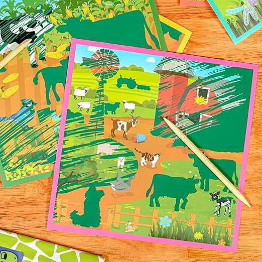 READY 2 LEARN Magic Scratch Paper - Farm - 10 Vibrant Scenes - Scratch Art for Kids - Reveal Colorful, Farmland Designs