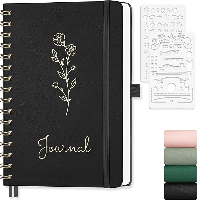 EMSHOI Dotted Journal Spiral Notebook, 140 Pages, A5 Small 5.7"x8.22", PU Leather Hardcover, 100 GSM Thick Paper, 5mm Dot Grid Notebook for Journaling, Planning, Drawing, Writing, Black