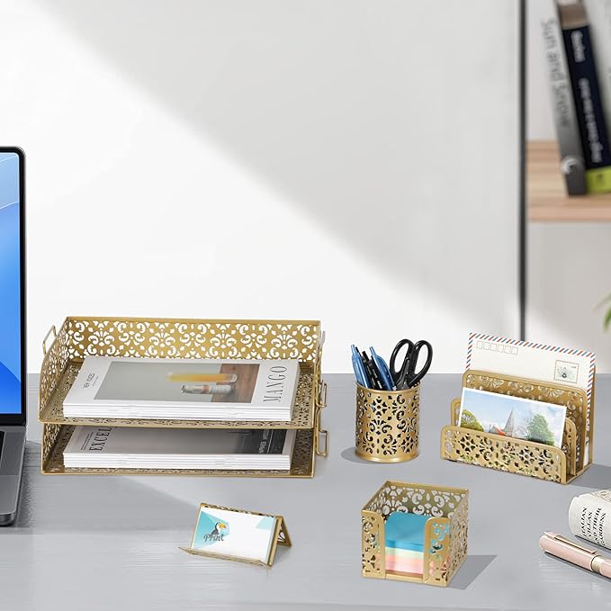 EasyPAG Desk Organizers and Accessories 5 Pieces Office Supplies Set - 2 Tier Paper Tray, Pencil Organizer for Desk, Mail Sorter Countertop, Business Card Holder and Sticky Note Holder, Gold