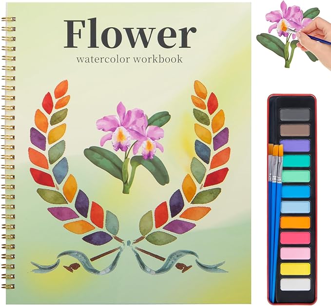 Beginner Watercolor Painting Kit, 12 Colors & 3 Brush with Multi-Theme Painting Set, Outline Art Supplies for Teens Adults (Flower)，10.23 * 8.26in.