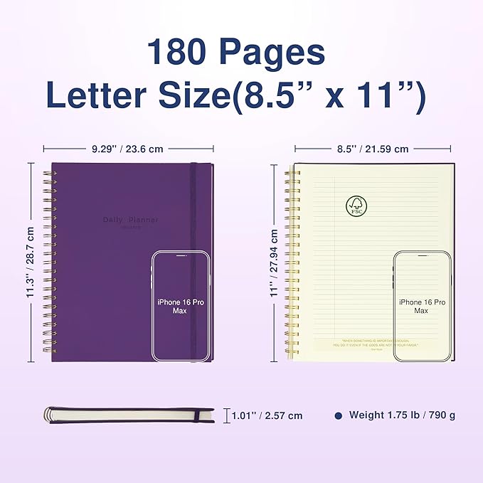 AUROPLANNER Undated Daily Planner To Do List Hourly Schedule 2027 2026 2025 Calendar & Holiday Habit Tracker 180 Pages Letter Size 8.5" x 11" Sheets Hardcover Spiral Bound Notebook (Purple Indigo)