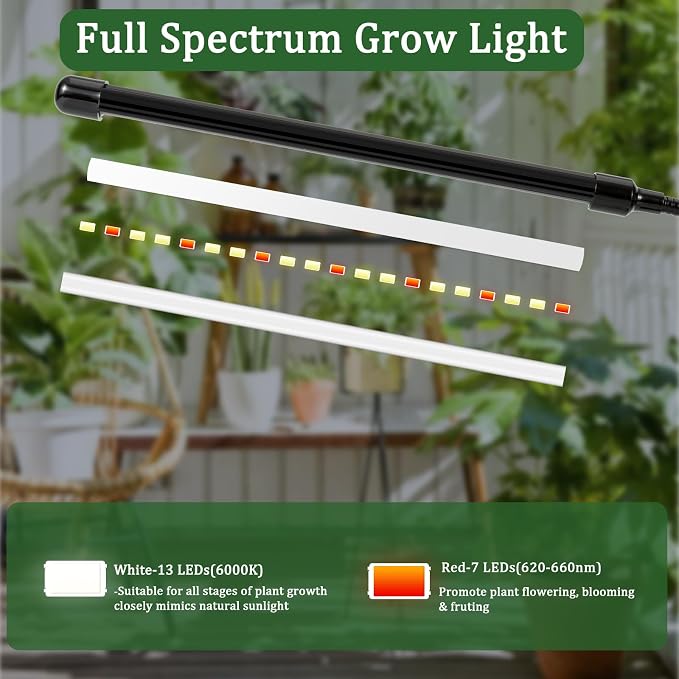 LED Grow Lights for Indoor Plants,6000K Clip Plant Light with White Red LED | Grow Light Strips for Seed Starting,9 Dimmable Levels,3 Lighting Mode,Auto ON Off with 3/9/12H Timer,Full Spectrum Plant Lamp