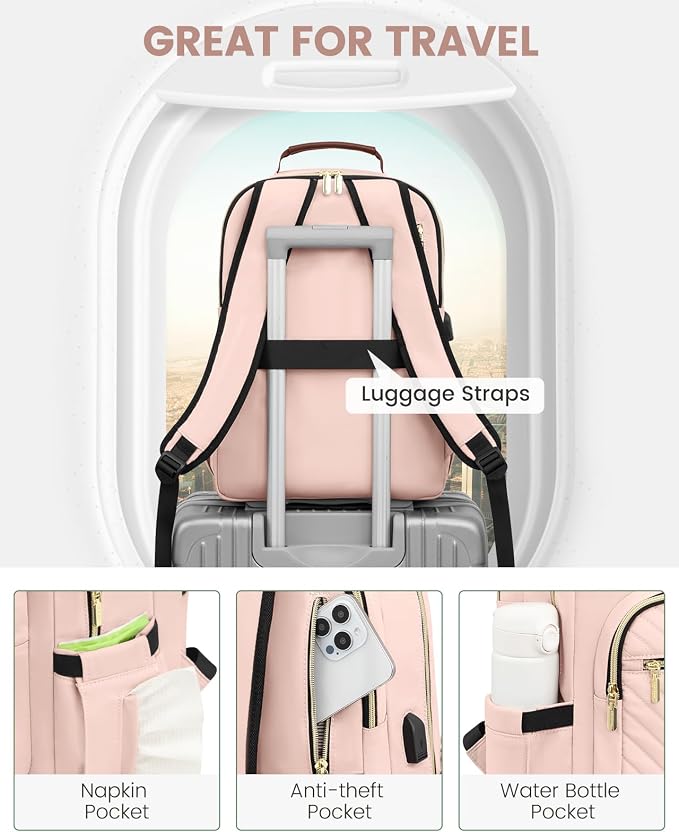 LOVEVOOK Laptop Backpack Purse for Women, Large Capacity Travel Business Computer Work Bag, Quilted Casual Nurse Backpack for Womens, Fit 15.6 Inch Laptop with USB Port, Nude