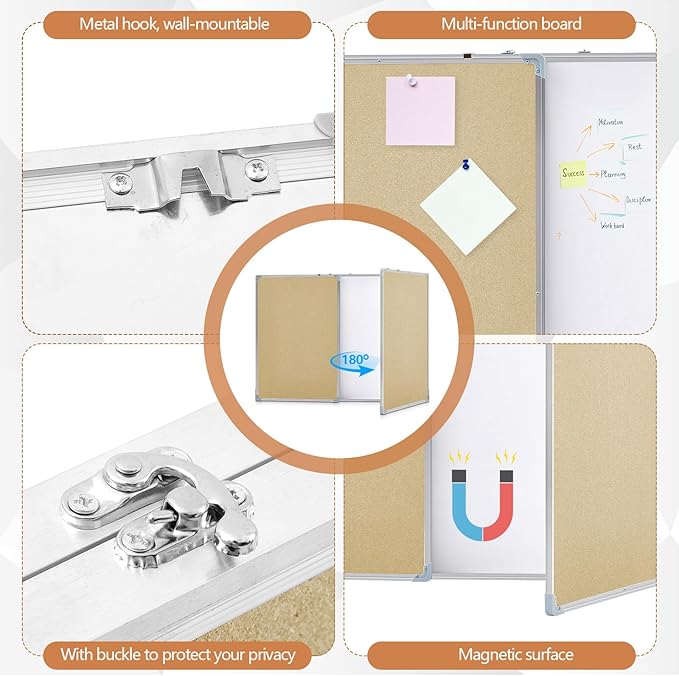 Mooliwe 72"x24" Tri-fold Cork Board Whiteboard, Foldable Combination Magnetic Dry Erase Bulletin Board & Corkboard with Aluminum Frame Wall Mounted for Home, Office and School(Beige)