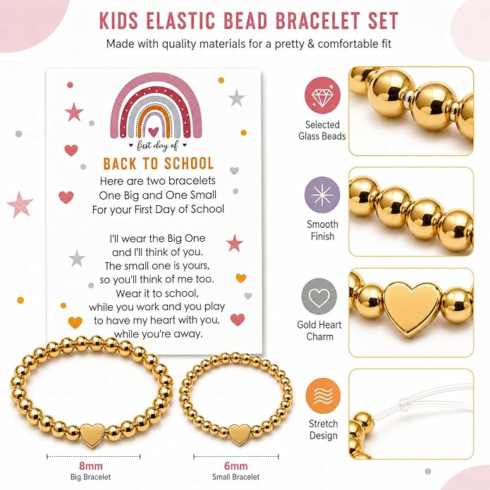 Back to School Bracelets Heart Matching Mommy and Me Elastic Wish Strings Bead Bracelets First Day of School Supplies Gifts