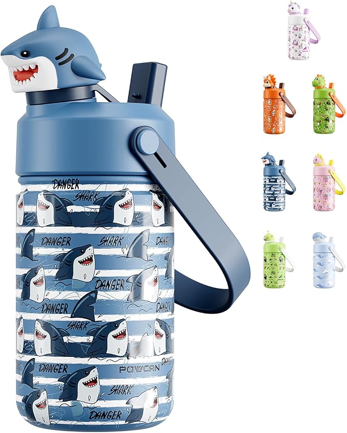 POWCAN 12 oz Insulated Water Bottle for School: 2-in-1 Straw Spout Lid with Soft Animal Head, Leakproof, BPA-Free, Keep Cold 24H, Easy Carry, Stainless Steel Cup for Kids, Boys, Girls (Baby Shark)