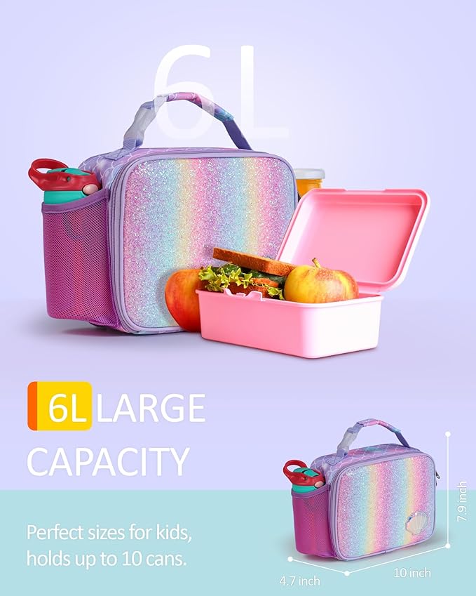 Bagseri Kids Lunch Bag Girls - Thermal Insulated Lunch Box Tote with Water Bottle Holder, Reusable Leak-Proof Kids Lunch Box for Daycare & School, Glitter Purple Mermaid (Containers Not Included)