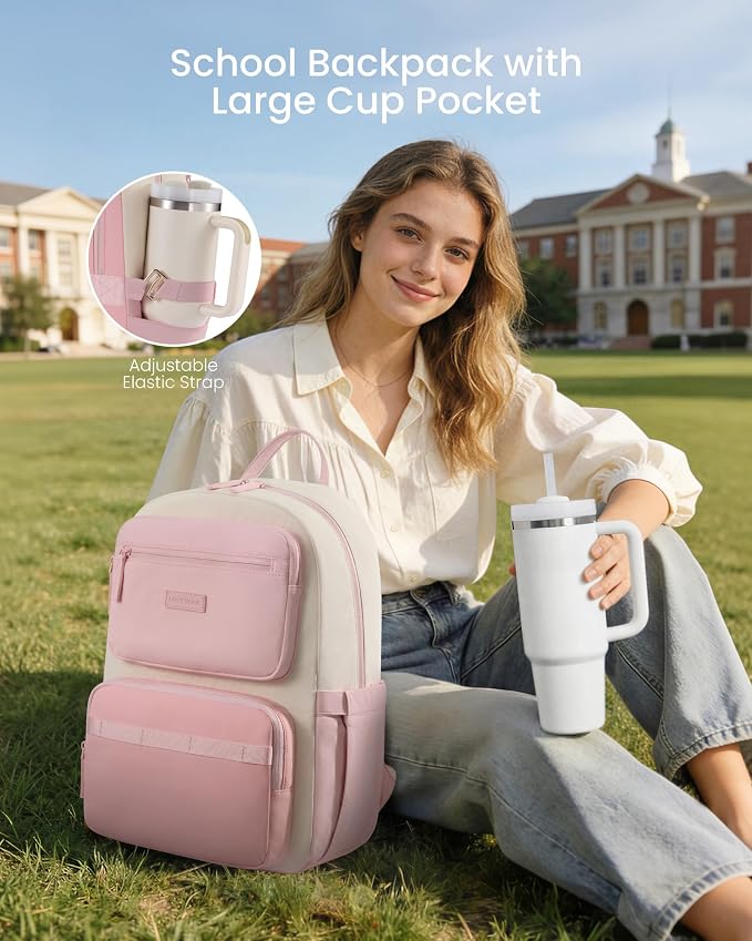 LOVEVOOK School Backpack for Teen Girls & Women,Laptop Backpack with Water Bottle Holder,Lightweight Work College Bookbag,Student Backpack for Middle High School,Pink