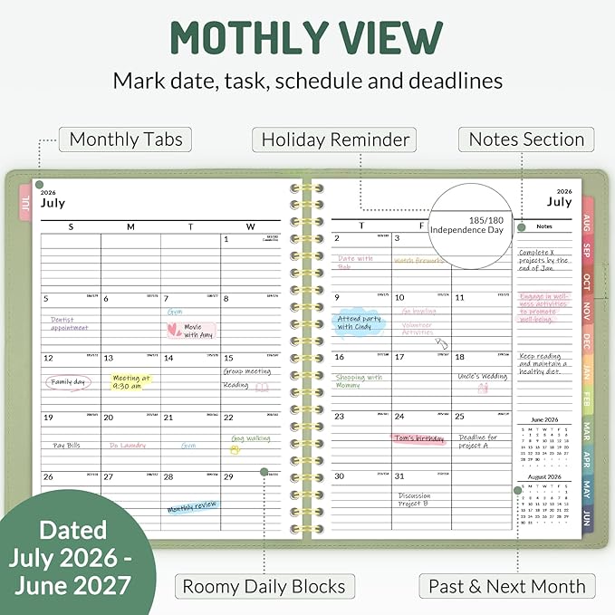 Forvencer Planner 2026-2027, Academic Planner Weekly & Monthly, Vegan Leather Cover Calendar Planner, July 2026 - June 2027, 6" x 8"", Daily Agenda with Tabs, Student Teacher Planning Organizer