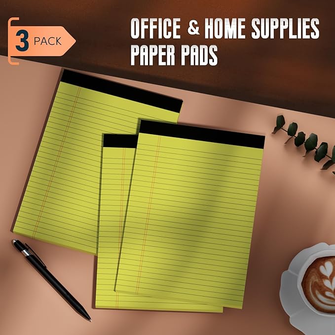 Yellow Legal Pads 8.5 x 11 Note Pads, 3 Pack Yellow Notepads 8.5 x 11 Wide Ruled Writing Paper Pads, Perforated Legal Note Pads 30 Sheets Per Lined Paper Notepad for Taking Notes, Reminders