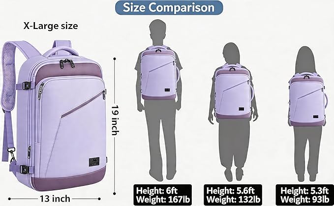 MATEIN Purple Travel Backpack, Large Capacity Carry on Backpack with Detachable Shoulder Straps, Water Resistant Personal Item Bag for Traveler, Traveling Essential for Women