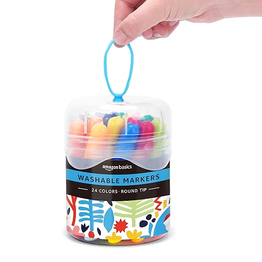Amazon Basics Washable Markers for Kids, Round Tip Assorted Colors, Non-Toxic Drawing and Coloring School Supplies, Arts & Crafts, Pack of 24