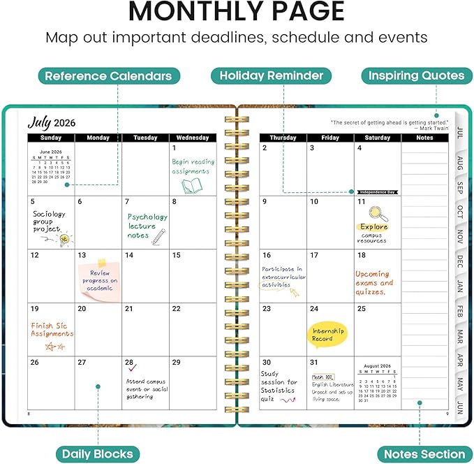 Planner 2026-2027, Academic Monthly and Weekly Calendar Planner for Women, July 2026 - June 2027, Hardcover Pretty Agenda Planner Book with Tabs, Spiral Daily Organizer for School Office Home Supplies, 8.5" x 11" - Emerald Shores